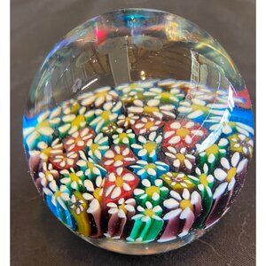 VTG LG Millefiori Glass Paperweight White Yellow Red “Thousand Flowers"